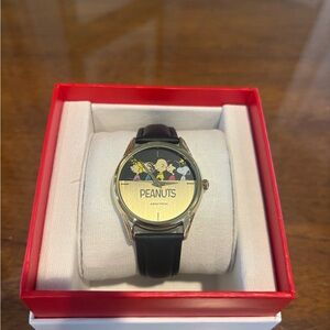 Armitron Peanuts Black Gold Dial Leather Strap Watch